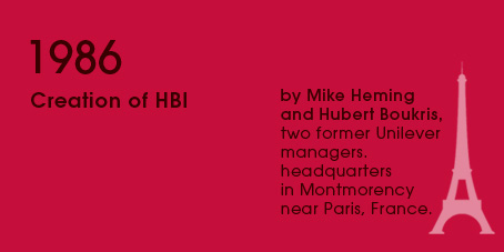 1986 Creation of HBI, by Mike Heming and Hubert Boukris, two former Unilever managers.headquartersin Montmorencynear Paris, France.